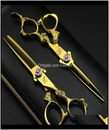 swivel shears 6Dot0quot 2Pcs Sharp Dragon Handle Gold Barber Hair Scissors Set Salon Cutting Thinning Shears Hairdressing Flat T4391251