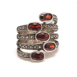 Cluster Rings GQTORCH Natural Gemstone Wide For Women Red Garnet Stone Real Pure 925 Sterling Silver Jewelry Marcasite Multi Layer Ring