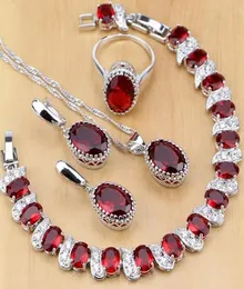 Natural 925 Sterling Silver Jewelry Red Birthstone Charm Jewelry Sets Women Earringspendantnecklaceringbracelets T055 J1907073929291