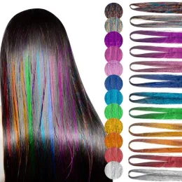 新しい2024 1 PCスパークル光沢のある髪のティンセルヘアエクステンションは、ヘッドドレス髪の編組ツールを編むための女性ヒッピーをまぶして90cm