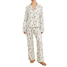 Hemkläder Kvinnor 2 -stycken Casual Pyjama Set Long Sleeve Lapel Button Up Shirt Wine Glass Print Pants Sleepwear Set