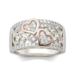 Romantyczny różowy złoty kolor podwójne serce pierścionki dla kobiet moda Pełna cyrkon Pierścień palca Pierścień Urocze kobiety biżuteria 9692972