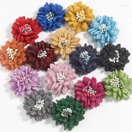 Flores decorativas 100pcs 3,5 cm de 1,4 polegada de tecido glitter chiffon artificial para festa de casamento happy dia decoração fotwears de cabeça para cabeça