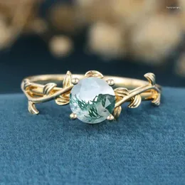 Кластерные кольца элегантная в форме листьев круглый натуральный зеленый камень кольцо мох агата Агат.