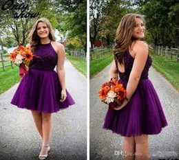 2016 New Purple Short Homecoming Dresses Halter Backless Beads Tulle Juniors Mini Prom Party Gowns Sweet 16 Cheap PlusサイズCockta1398954