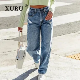 Женские джинсы Xuru - Европейский и американский свободный прямой порез. Повседневные брюки с высоким растяжением K1-690