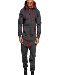 Men039s Tracksuits 2021 Mens Pure Color Splicing Jumpsuit Men Onepiece Garment Pajama Playsuit Zipper Hoodie Male Onesie Jumps8364835