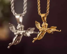 hiphops män smycken cupids ängel hänge 18k guld rep kedja 316l stainls stål 3d ängel med pistolhalsband A225052879