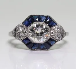 Antyczna biżuteria 925 Srebrna Diamond Sapphire Sapphire Wedding Empagandation Art Deco Ring Rozmiar 5129428291