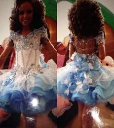 Güzel Organza Mini Glitz Girls039 Pageant Elbiseler Omuzdan Boncuklu Rhinestones Cupcake Mavi Beyaz Küçük Çiçek Kız DR2586767