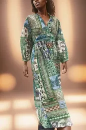 TRAF 2024 Элегантные женщины Пэтчвообразные длинные платья летние причинные женщины 34 рукава платье модного лука упругое платье по талии 240410