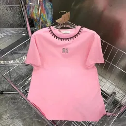 Miumiuss Yaz Tshirt Kadınlar Giyim Mektubu Nakış Boncukları O yaka kısa kollu tişört femme gevşek gündelik mahsul üst 100 pamuklu tişört 01