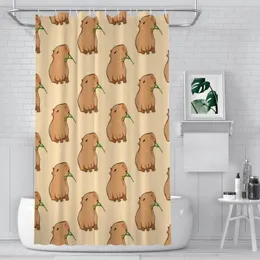 Duschvorhänge mit einem Blatt Capybara süße tierische wasserdichte Stoff Funnybadezimmer Dekor Haken Hauszubehör