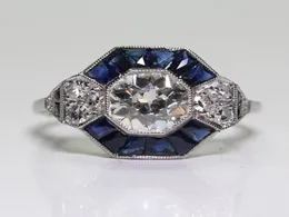 Antyczna biżuteria 925 Srebrna Diamond Sapphire Sapphire Wedding Empagandation Art Deco Ring Rozmiar 5123214136