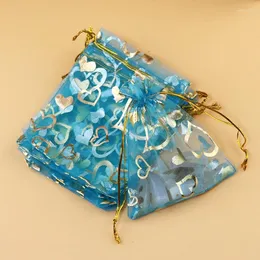 선물 랩 100pcs Lake Blue Organza Bags 13x18cm 결혼식 선호 사탕 보석 포장 가방 하트 디자인 드로우 스트링 파우치