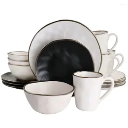 Tallrikar Elama Roman 16 Piece Stoare Dinnerware Set i blandad matt med guldfälgmiddag och rätter serverande uppsättningar