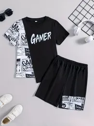 Boys Summer Casual Irregular GAMER Alphabet Printed Spell Clash Colour Set Short Sleeve T-shirt + Beach Pants 2 Piece