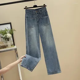 Jeans femininos Tamanho grande 2024 Primavera Autumn High Cintura calça jeans reta Faça calças de perna larga larga de todas as partidas