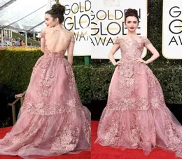 2020 NYA 74: e Golden Globe Awards Lily Collins Zuhair Murad Celebrity Evening Dresses Sheer Backless Pink Lace Appliqued Red Carpe4215457