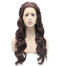 Long Wavy Dark Auburn Heat Friendly Natural Spets Front Synthetic Wig2791269