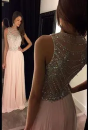 Chiffon Pink Prom Dresses Long Party Dress A Line Jewel Sweep Train Sequins Beaded Sheer Neck Evening Gowns Scoop Party Dresses HY7186339