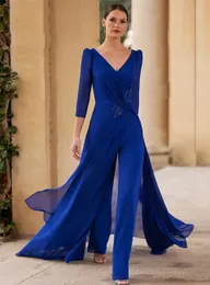 Kraliyet Mavi Gelin Elbisesi Anne Anne Elbiseleri Pantolonlar Resmi Aplike Özel Artı Boyut Yeni V Yaka Uzun Kollu Şifon