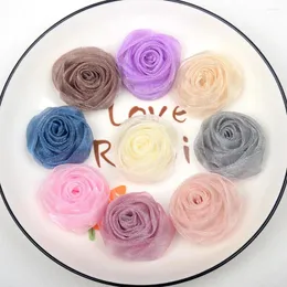 장식용 꽃 10pcs 5cm Flatback Organza Rose Bud 수제 헤드웨어 코사이지 꽃 디예 모자 신발 옷 웨딩 액세서리