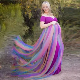 Vestidos de maternidade ombro fora do vestido de maternidade arco -íris Vestido de photo de chá de bebê de manga curta de manga curta de largura de maternidade