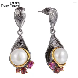 Dangle Ohrringe Dreamcarnival1989 Eleganter Perle Tropfen für Frauen Dating muss Fuchsia Blending Zirkon Liebesjubiläum Schmuck we3986 haben