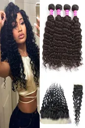 Pacotes de cabelo virgens de onda profunda brasileira com pacote de fechamento 4 e trama de cabelo de cabelo humano Remy frontal com tramas com 4x4 Lace 8870420