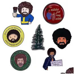Cartoon Accessories Bob Ross Pin Optimistic Artist Painter Brooch No Mistake Take Only Happy Accidents Badge Enamel Jewelry Drop Deliv Ot50C