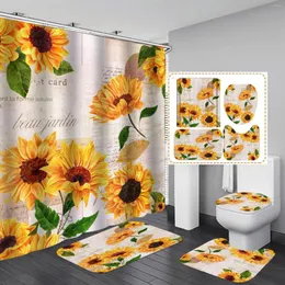 Duschgardiner 3D Sunflower Mönstergardin 4st Polyester Waterpoof icke-halkbadmatta toalettmatta matta Barth dekor varm stil