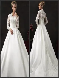 Graf Zug Brautkleider Langarm Iullsion Mieder sexy Juwel Hals bedeckt Bottons Elegante Spitzen Applikationen Wunderbar wunderschön2281946