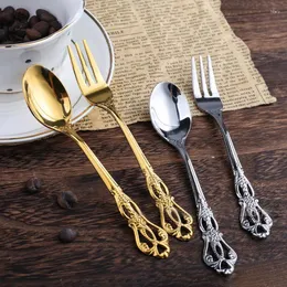 Kaffescoops rostfritt stål europeisk präglad sked guld kunglig dessert rörande retro ihålig kaka gaffel frukt