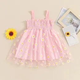 Mädchenkleider Prinzessin Mesh Daisy Baby Girls Slip Dress Summer Party Kinder Kleidung Gurtharme ärmellose Blumendruck Falten Kleinkind Tüll