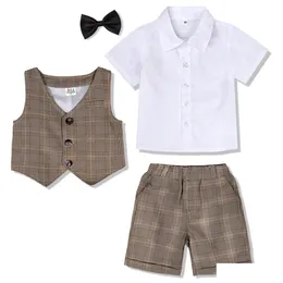 Bekleidungssets 3PCS Baby Kinder Jungen Kinder formelles Anzug Outfit Kleinkind Sommer weißes Hemd mit Bogen tievestshorts Kostüme 221203 Drop Deli DHL8A