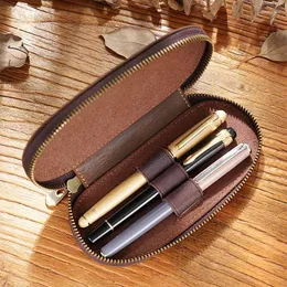 Sacchetti cosmetici Crazy Horse Multifunction Pen Case Ovale Zipping Portable School Office di cartoleria Forniture