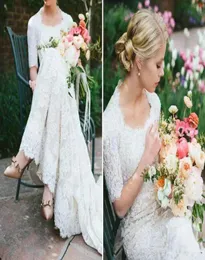 2018 Modest Full Lace Mermaid Dresses Wedding Dresses Scalloped Western Country Bridal Bridal Bridal Half Long Sleeves Buttons Train Attons Backed8304582