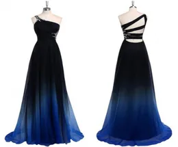2022 Ombre Gradiant Color Evening Dresses One Shoulder Empire Midja Chiffon Black Royal Blue Designer Long Cheap Prom Formal Pagea7743647