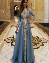 Пепельный синий длинные рукава вечерние платья золотые аппликации марокканские кафтан Дубай Арабский мусульманский мусульманский плать