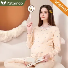 Pants YATEMAO Nursing Clothes Maternity Pajamas Cotton Pregnant Pajama Set Maternity Long Sleeve Tops Pants Winter Sleepwear Nightgown