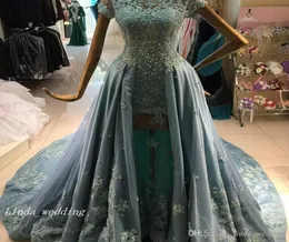 2019 Sexy Overkirt Celebrity Prom Dress Aline Sleeves Short Apliques de renda longa vestido de festa de trem personalizado Made plus size3785897