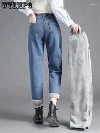 Jeans femminile wtempo inverno addensare pantaloni in denim larghi ad alta vita alla caviglia dritta aggiungi velluto pantaloni da donna coreana calda