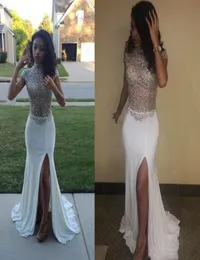 Underbara Shinning Beaded High Neck Prom Dresses 2K17 Cap Sleeve White Chiffon High Split aftonklänningar Se genom Cocktail Party 1215922