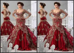 2019 Rote Abendkleider 34 Langarmes Arabisch -Jajjacouture Stickerei gegen Neck Vestidos Prom Ballkleider Berühmtheit Meerjungfrau Kleid5544241