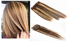 Facos de cabelo retos com 4x4 Cabelo de fechamento de cabelo Cor Brasileiro 100 Virgin Human Remy Extensões de cabelo cor 1b27 828 polegadas7492288