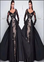 2019 Deep V Neck Black Evening Dresses Detachable Skirt Lace Applique Elegant Evening Gown Formal Dress 20189280873