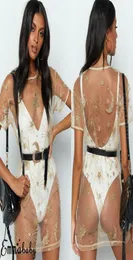 Casual Dress Womens Gold Sears Star Print MESH MINI BIKINI Cover Up Summer Sexy Short Sleeve Clubwear3206101