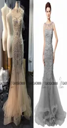 Open Back Gray Champagne Mermaid Evening Dresses Beading 2019 Real Po sparkly Sheer Neck Women Prom Gowns Long robe de soiree L6766690