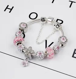 925 Sterling Silver Pink Murano Glass Pärlor Charm Cherry Blossom Armband Kedja Fit P Europeiska armbandsmycken som gör Bangle Diy Daisy Pendant Women6661503